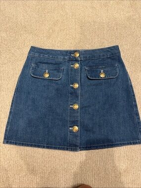 J. Crew Dark Blue Denim Button Mini Skirt with Gold Buttons
